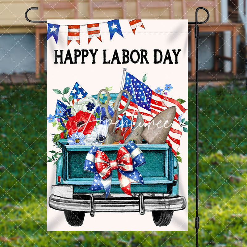 Aperturee - Aperturee Retro Green Car Floral Happy Labor Day Garden Flag