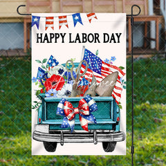 Aperturee - Aperturee Retro Green Car Floral Happy Labor Day Garden Flag