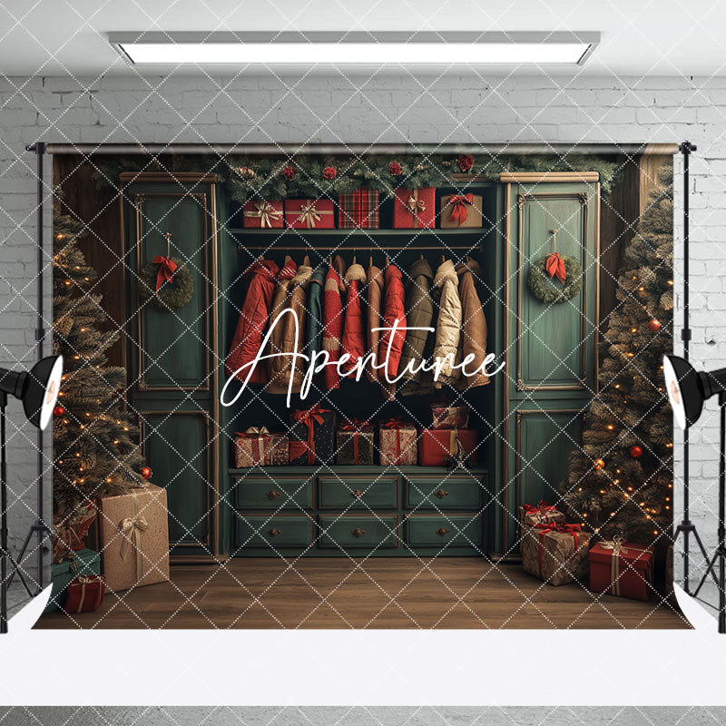 Aperturee - Aperturee Retro Green Wardrobe Christmas Room Set Backdrop