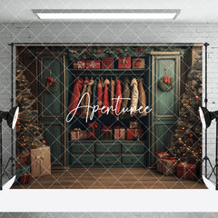 Aperturee - Aperturee Retro Green Wardrobe Christmas Room Set Backdrop