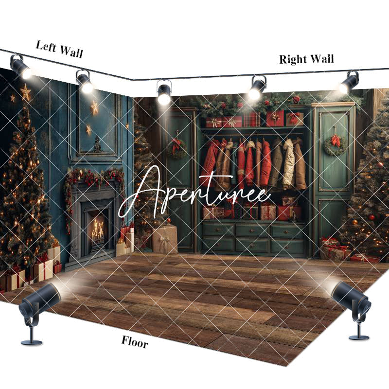 Aperturee - Aperturee Retro Green Wardrobe Christmas Room Set Backdrop