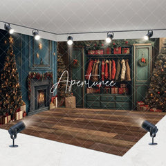 Aperturee - Aperturee Retro Green Wardrobe Christmas Room Set Backdrop