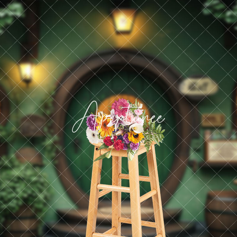 Aperturee - Aperturee Retro Green Wooden Vestibule Greenery Spring Backdrop