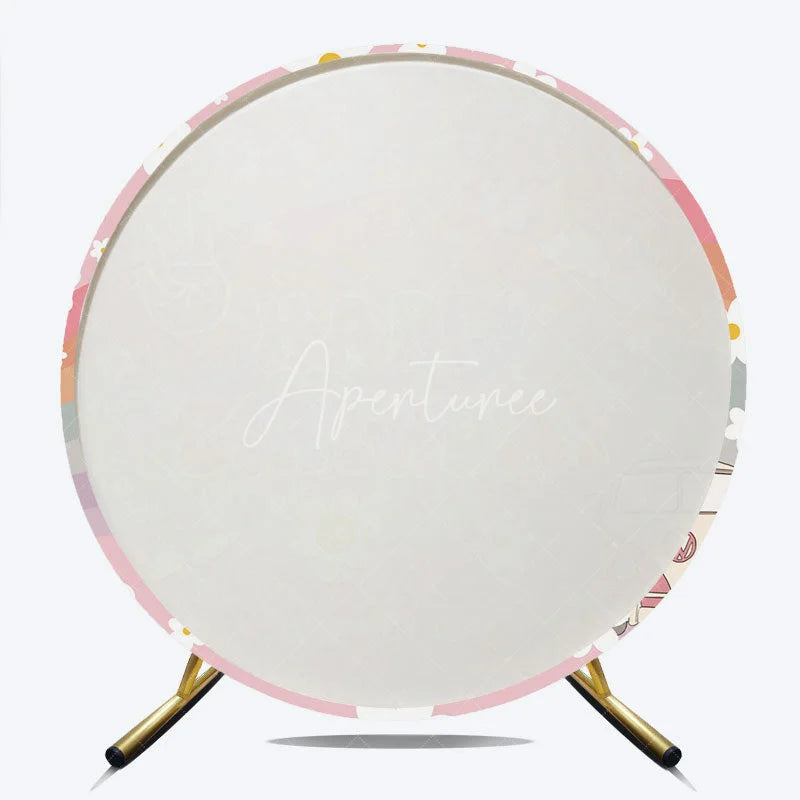 Aperturee - Aperturee Retro Groovy Flower Happy Birthday Round Backdrop Pink Rainbow and Van Party Decor