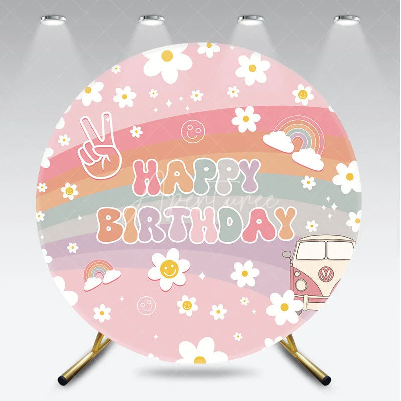 Aperturee - Aperturee Retro Groovy Flower Happy Birthday Round Backdrop Pink Rainbow and Van Party Decor