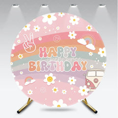 Aperturee - Aperturee Retro Groovy Flower Happy Birthday Round Backdrop Pink Rainbow and Van Party Decor