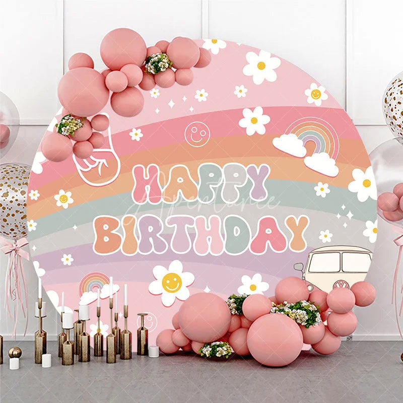 Aperturee - Aperturee Retro Groovy Flower Happy Birthday Round Backdrop Pink Rainbow and Van Party Decor