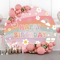 Aperturee - Aperturee Retro Groovy Flower Happy Birthday Round Backdrop Pink Rainbow and Van Party Decor