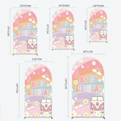 Aperturee - Aperturee Retro Groovy Happy Birthday Arch Backdrop Pastel Rainbow with Daisies Peace Sign and Vintage Camper Van