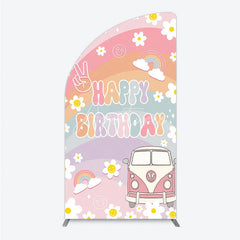 Aperturee - Aperturee Retro Groovy Happy Birthday Half Moon Arch Backdrop Pastel Rainbow with Daisies Peace Sign and Vintage Camper Van