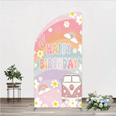 Aperturee - Aperturee Retro Groovy Happy Birthday Half Moon Arch Backdrop Pastel Rainbow with Daisies Peace Sign and Vintage Camper Van