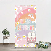 Aperturee - Aperturee Retro Groovy Happy Birthday Rectangle Backdrop Pastel Rainbow with Daisies Peace Sign and Vintage Camper Van
