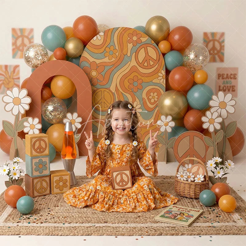 Aperturee - Aperturee Retro Groovy Peace Sign and Daisy Combo Set Backdrop Orange Teal Gold Balloons Birthday Party Decor