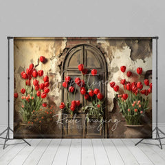 Aperturee - Aperturee Retro Grunge Wall Backdrop Bright Red Tulips and Distressed Door Photography Background for Spring Portrait Props