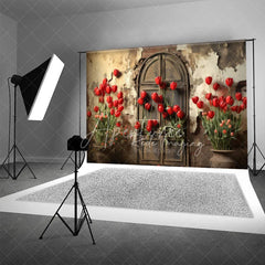 Aperturee - Aperturee Retro Grunge Wall Backdrop Bright Red Tulips and Distressed Door Photography Background for Spring Portrait Props