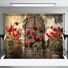 Aperturee - Aperturee Retro Grunge Wall Backdrop Bright Red Tulips and Distressed Door Photography Background for Spring Portrait Props