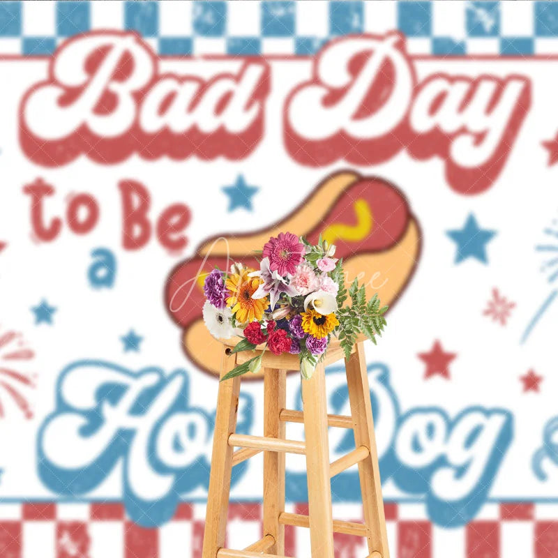 Aperturee - Aperturee Retro Hot Dog Bad Day to Be a Hot Dog Holiday Backdrop Patriotic Stars and Fireworks Summer Party Decor