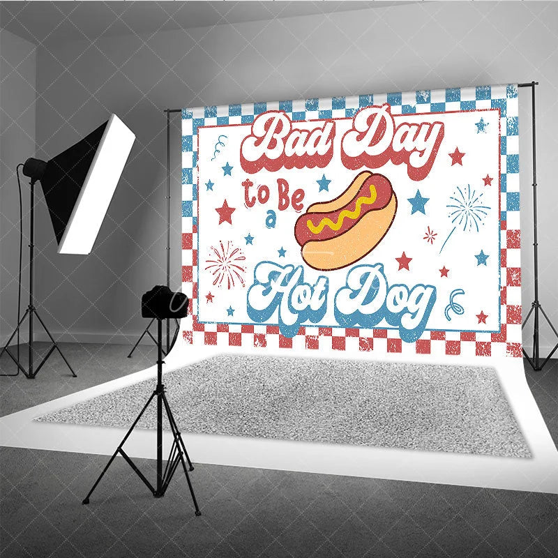 Aperturee - Aperturee Retro Hot Dog Bad Day to Be a Hot Dog Holiday Backdrop Patriotic Stars and Fireworks Summer Party Decor