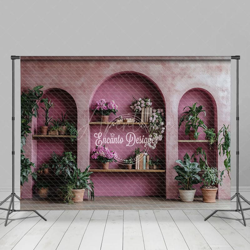 Aperturee - Aperturee Retro Pink Hollow Arch Book Plant Photo Backdrop