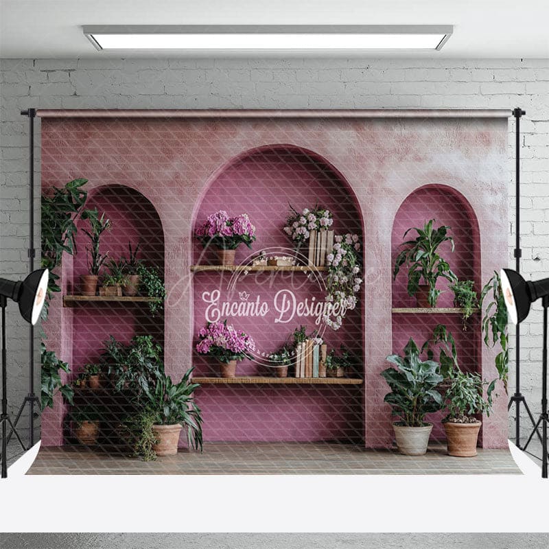 Aperturee - Aperturee Retro Pink Hollow Arch Book Plant Photo Backdrop