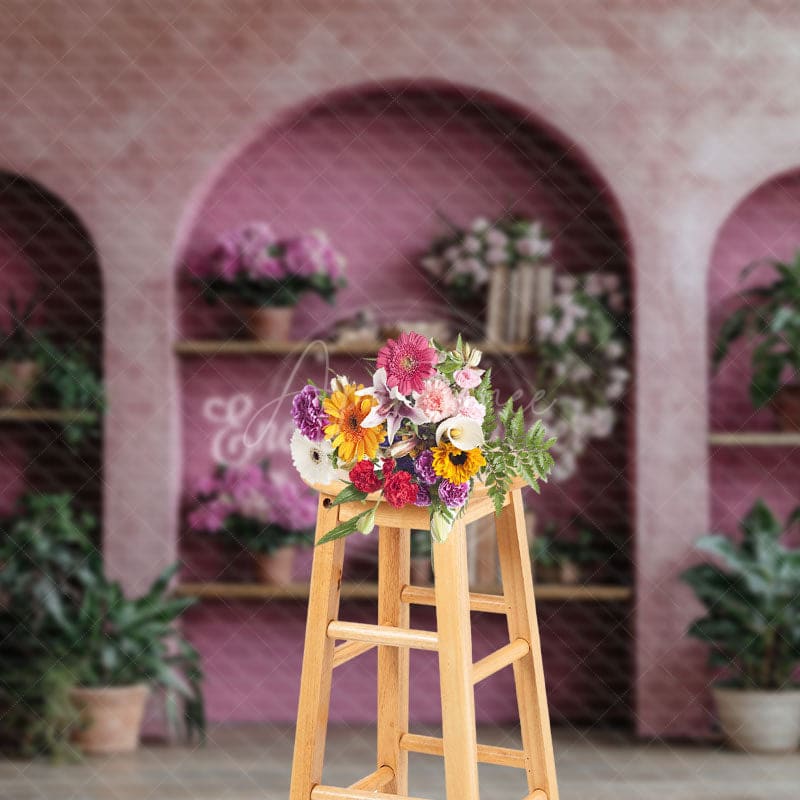 Aperturee - Aperturee Retro Pink Hollow Arch Book Plant Photo Backdrop