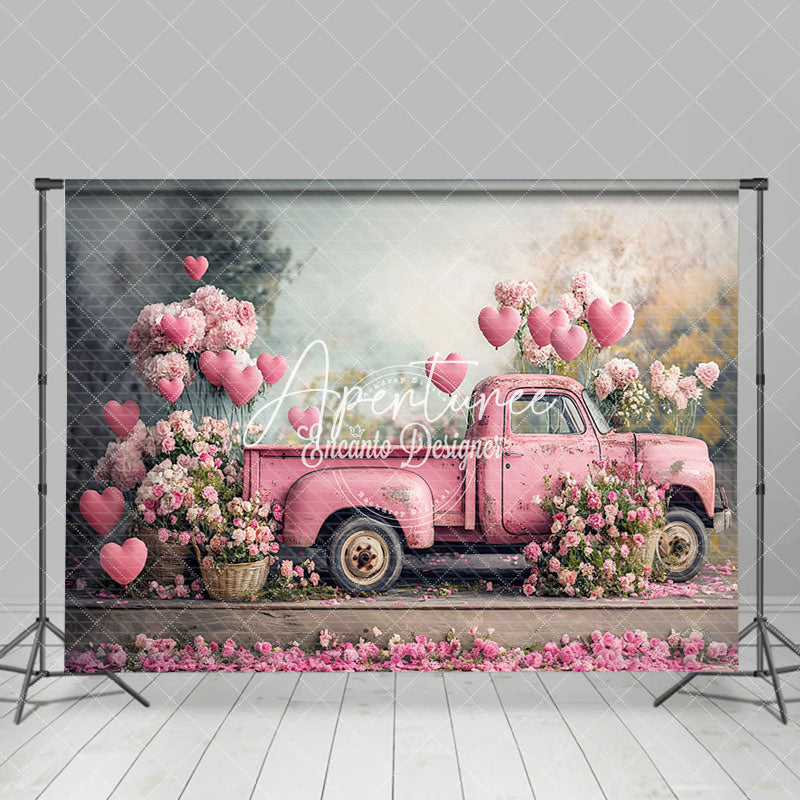 Aperturee - Aperturee Retro Pink Truck Romantic Valentines Day Backdrop