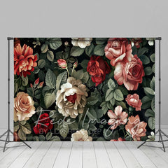 Aperturee - Aperturee Retro Plant Leaves Red Pink Floral Photo Backdrop