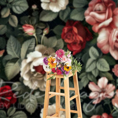 Aperturee - Aperturee Retro Plant Leaves Red Pink Floral Photo Backdrop