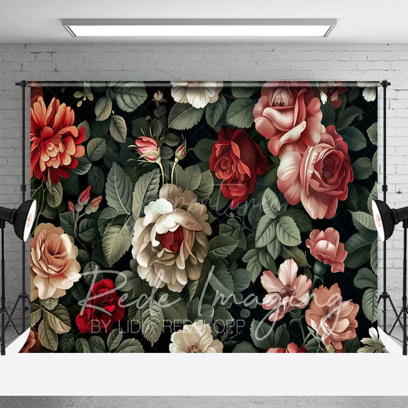 Aperturee - Aperturee Retro Plant Leaves Red Pink Floral Photo Backdrop