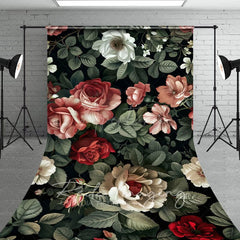 Aperturee - Aperturee Retro Plant Leaves Red Pink Floral Sweep Backdrop