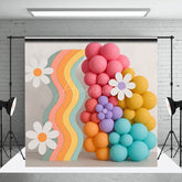 Aperturee Aperturee Retro Rainbow and Daisy Cake Smash Backdrop Wavy Panel with Balloons and Flowers Groovy First Birthday Photo Prop