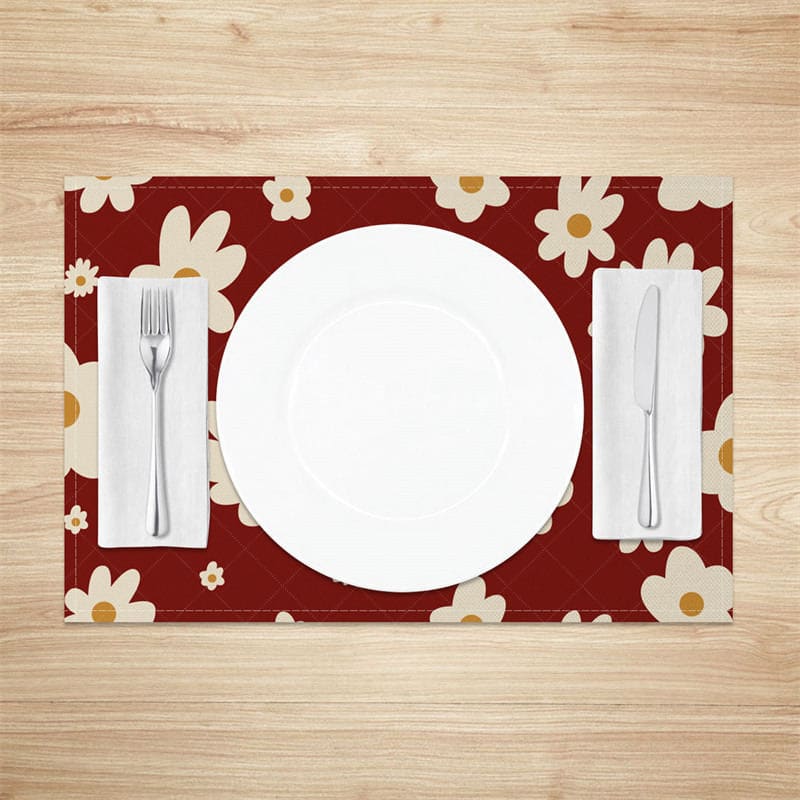 Aperturee - Aperturee Retro Red Beige Daisy Floral Set of 4 Placemats