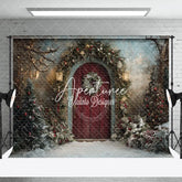 Aperturee - Aperturee Retro Red Door Snowy Trees Christmas Photo Backdrop