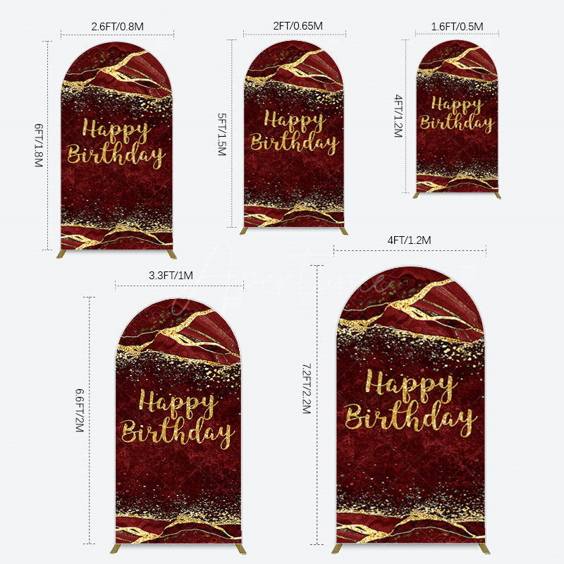 Aperturee - Aperturee Retro Red Gold Marbled Happy Birthday Arch Backdrop