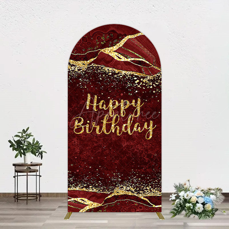 Aperturee - Aperturee Retro Red Gold Marbled Happy Birthday Arch Backdrop