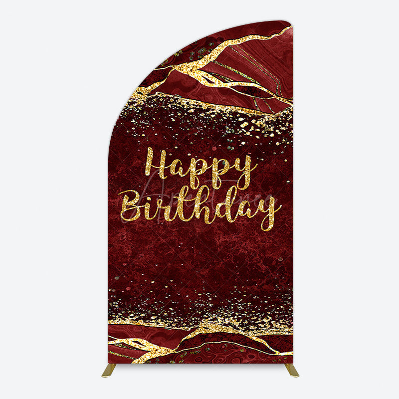 Aperturee - Aperturee Retro Red Gold Marbled Happy Birthday Half Moon Arch Backdrop