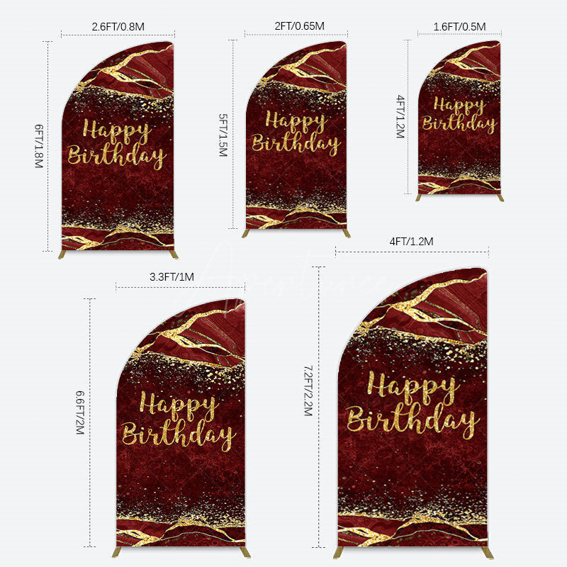 Aperturee - Aperturee Retro Red Gold Marbled Happy Birthday Half Moon Arch Backdrop