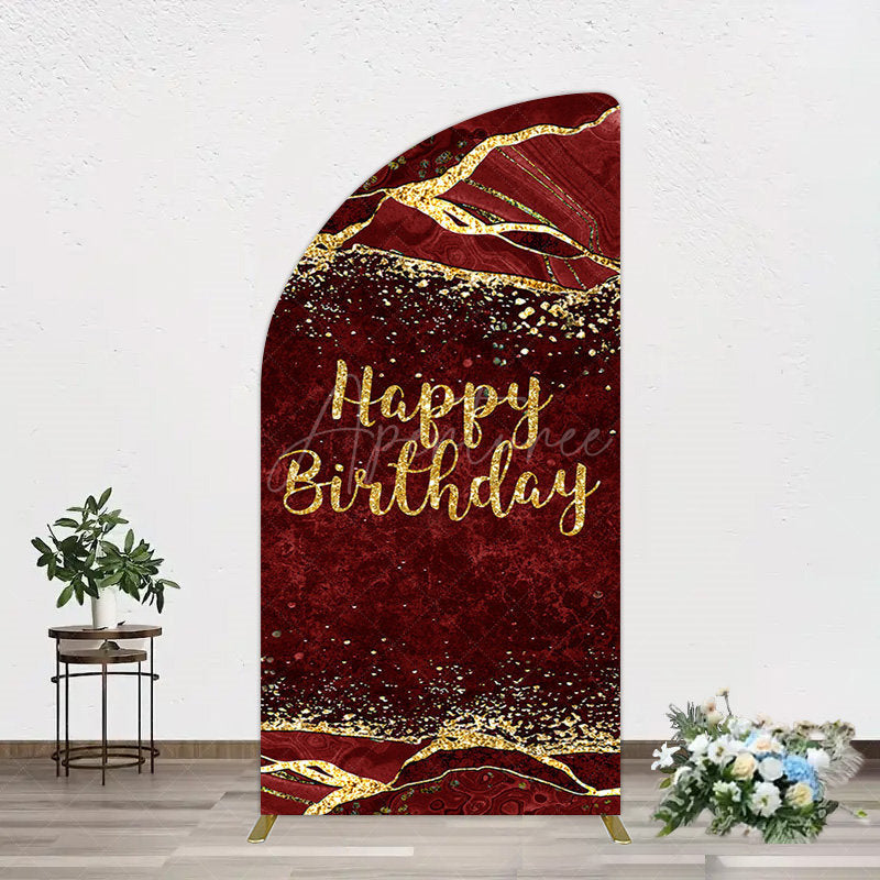 Aperturee - Aperturee Retro Red Gold Marbled Happy Birthday Half Moon Arch Backdrop