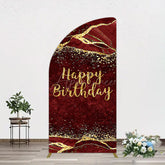 Aperturee - Aperturee Retro Red Gold Marbled Happy Birthday Half Moon Arch Backdrop
