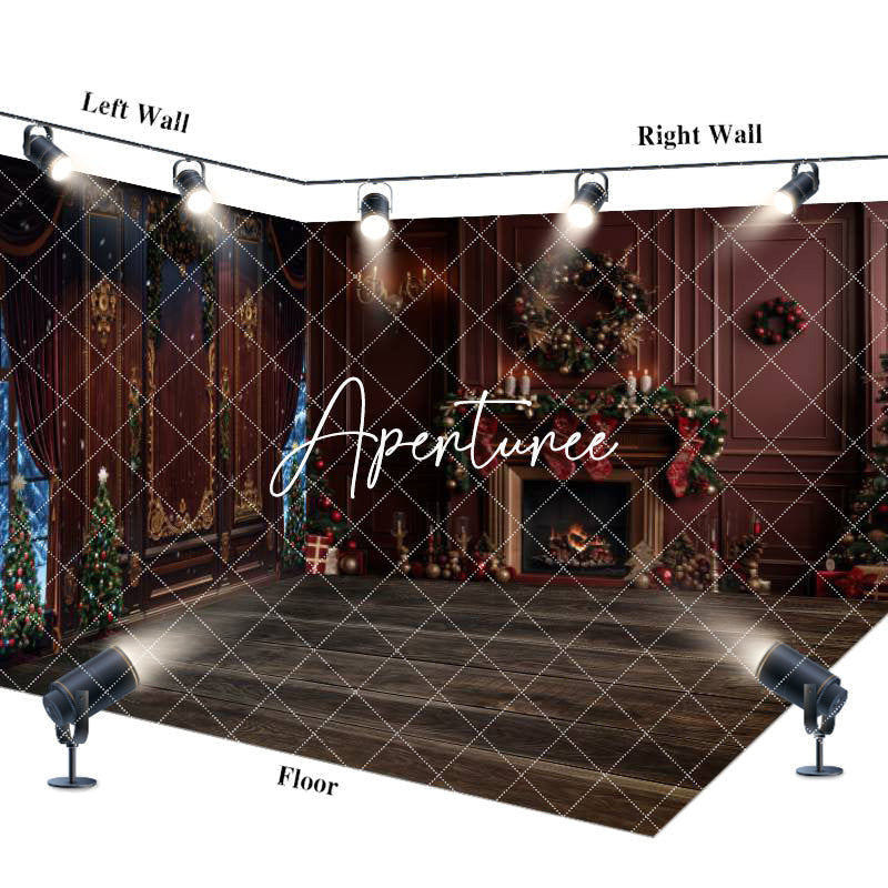 Aperturee - Aperturee Retro Red Wall Fireplace Christmas Room Set Backdrop