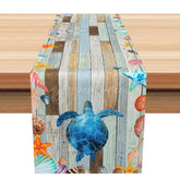 Aperturee - Aperturee Retro Sea Turtle and Shells Table Runner Vintage Wooden Ocean Life Nautical Beach House Kitchen Decor