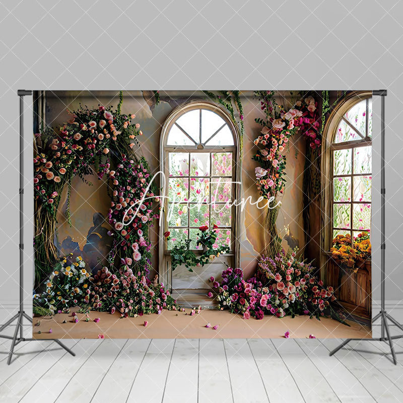 Aperturee - Aperturee Retro Shabby Wall Window Floral Photography Backdrop