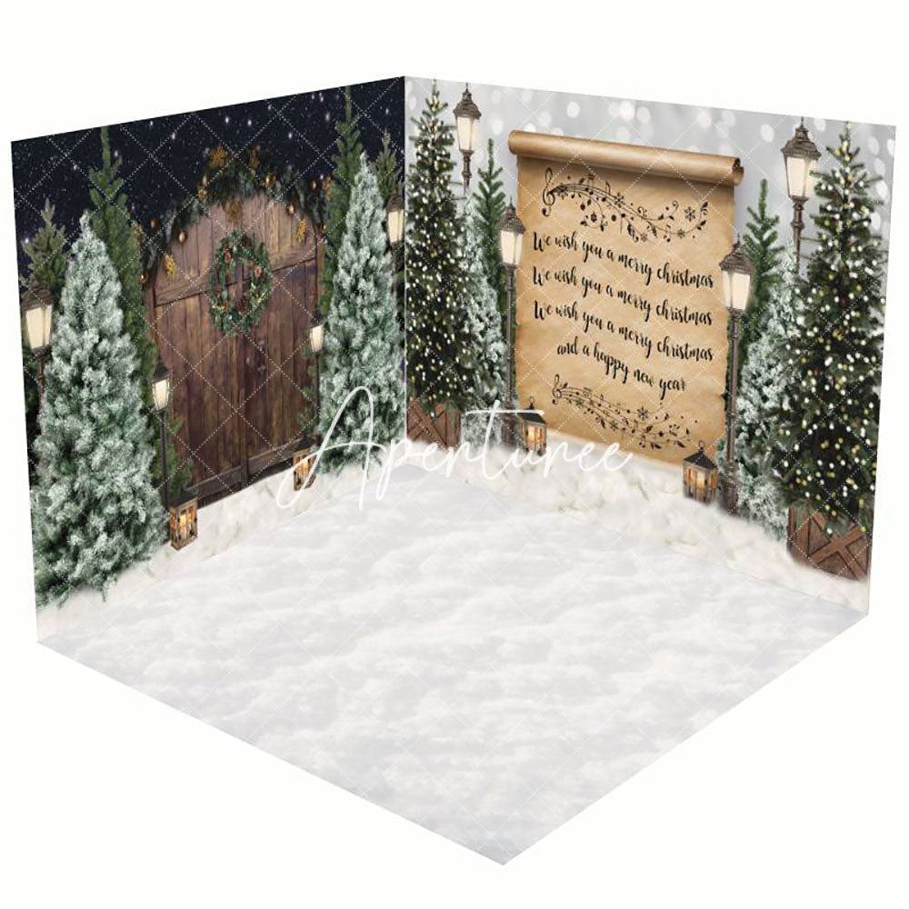 Aperturee - Aperturee Retro Song Wood Door Snow Christmas Room Set Backdrop
