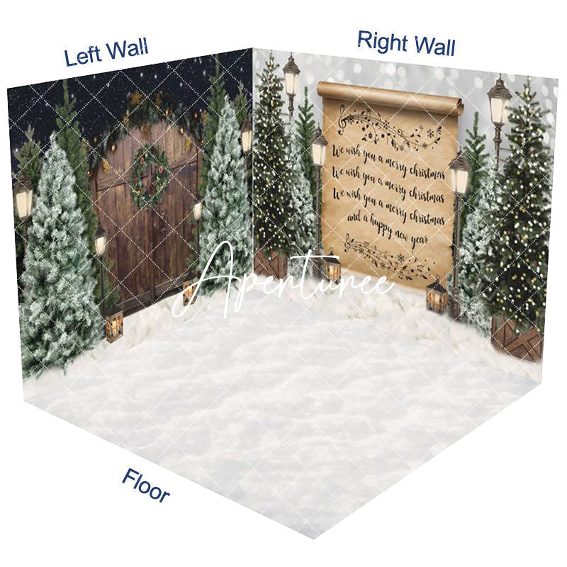 Aperturee - Aperturee Retro Song Wood Door Snow Christmas Room Set Backdrop
