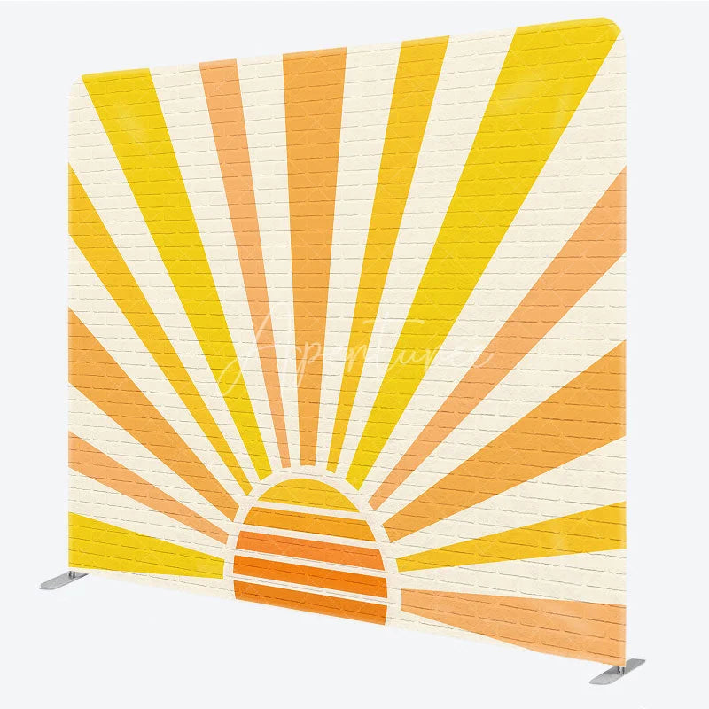 Aperturee - Aperturee Retro Sunburst Brick Wall Tension Fabric Backdrop Yellow Orange Rising Sun Background Sunshine Party Decoration