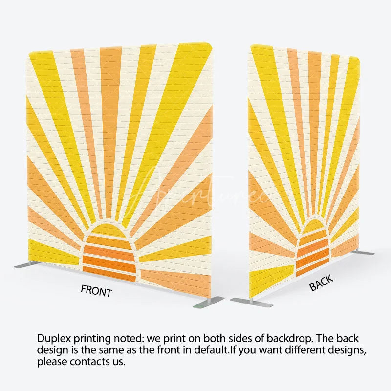 Aperturee - Aperturee Retro Sunburst Brick Wall Tension Fabric Backdrop Yellow Orange Rising Sun Background Sunshine Party Decoration