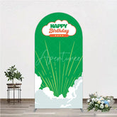 Aperturee - Aperturee Retro Sunburst Happy Birthday Arch Backdrop Green and White Cloud Party Cover