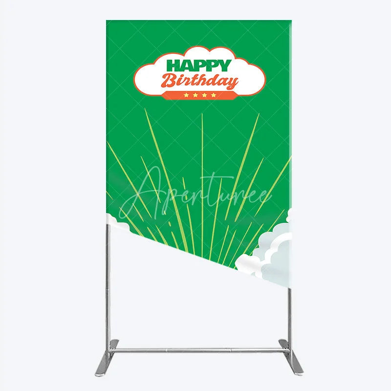 Aperturee - Aperturee Retro Sunburst Happy Birthday Rectangle Backdrop Green and White Cloud Party Cover