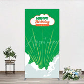 Aperturee - Aperturee Retro Sunburst Happy Birthday Rectangle Backdrop Green and White Cloud Party Cover