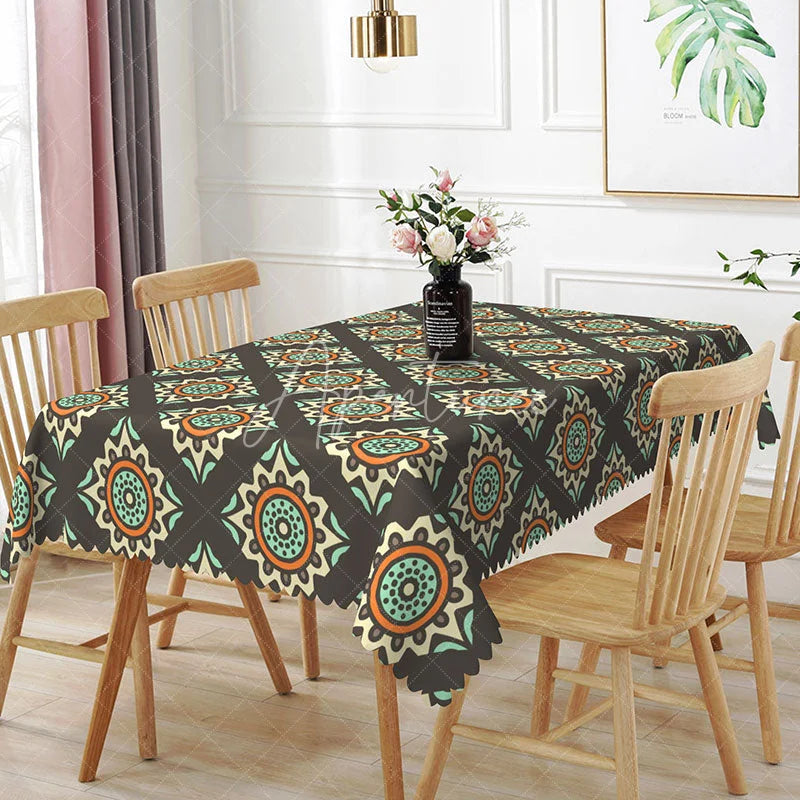 Aperturee - Aperturee Retro Sunburst Rectangle Tablecloth Brown Geometric Pattern Dining Table Cloth Decor